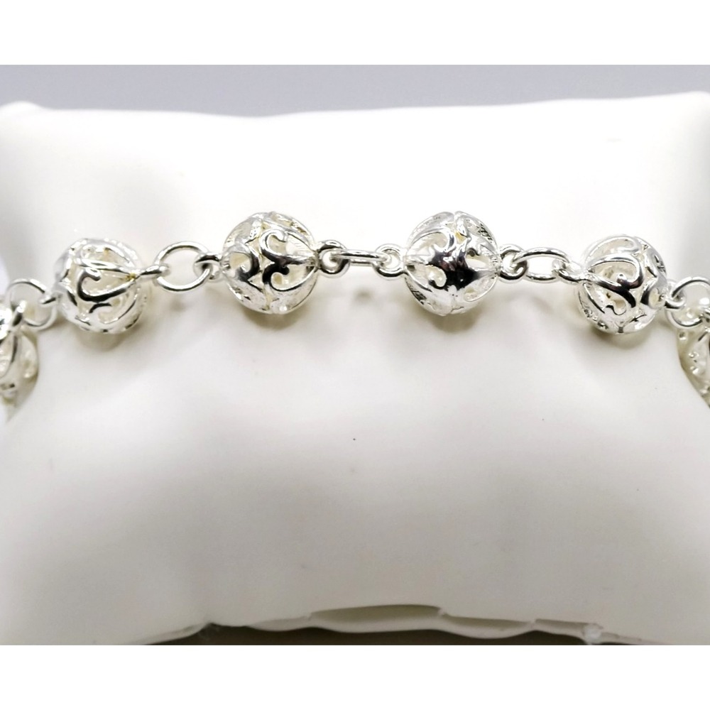 Sterling Silver 925 Plated Open Work Figural Ball Beaded Chain Bracelet 6.5"